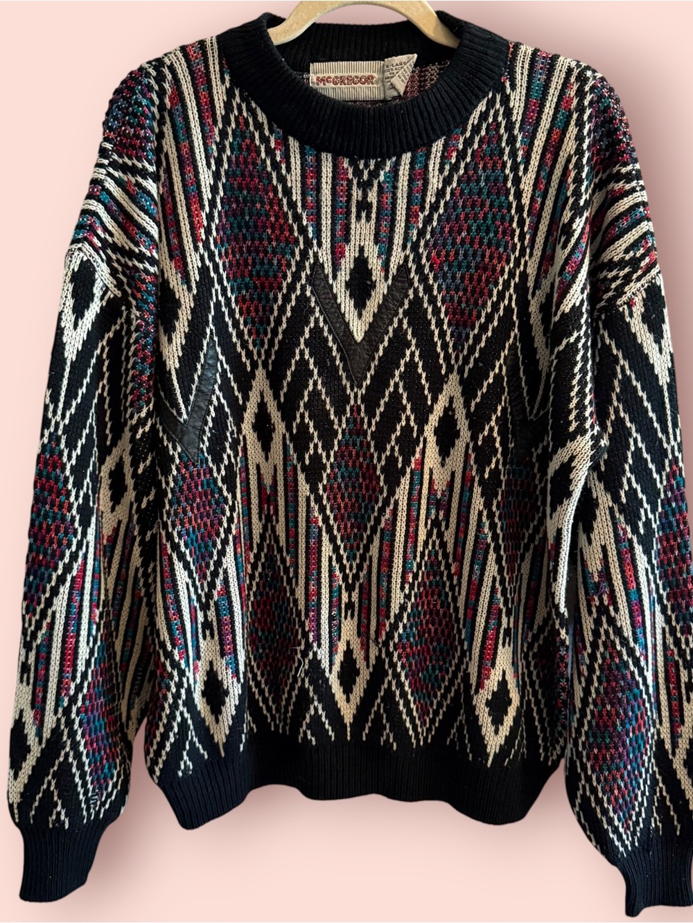 Vintage McGregor Coogi Inspired Geometric Knit Sweater Leather Accent